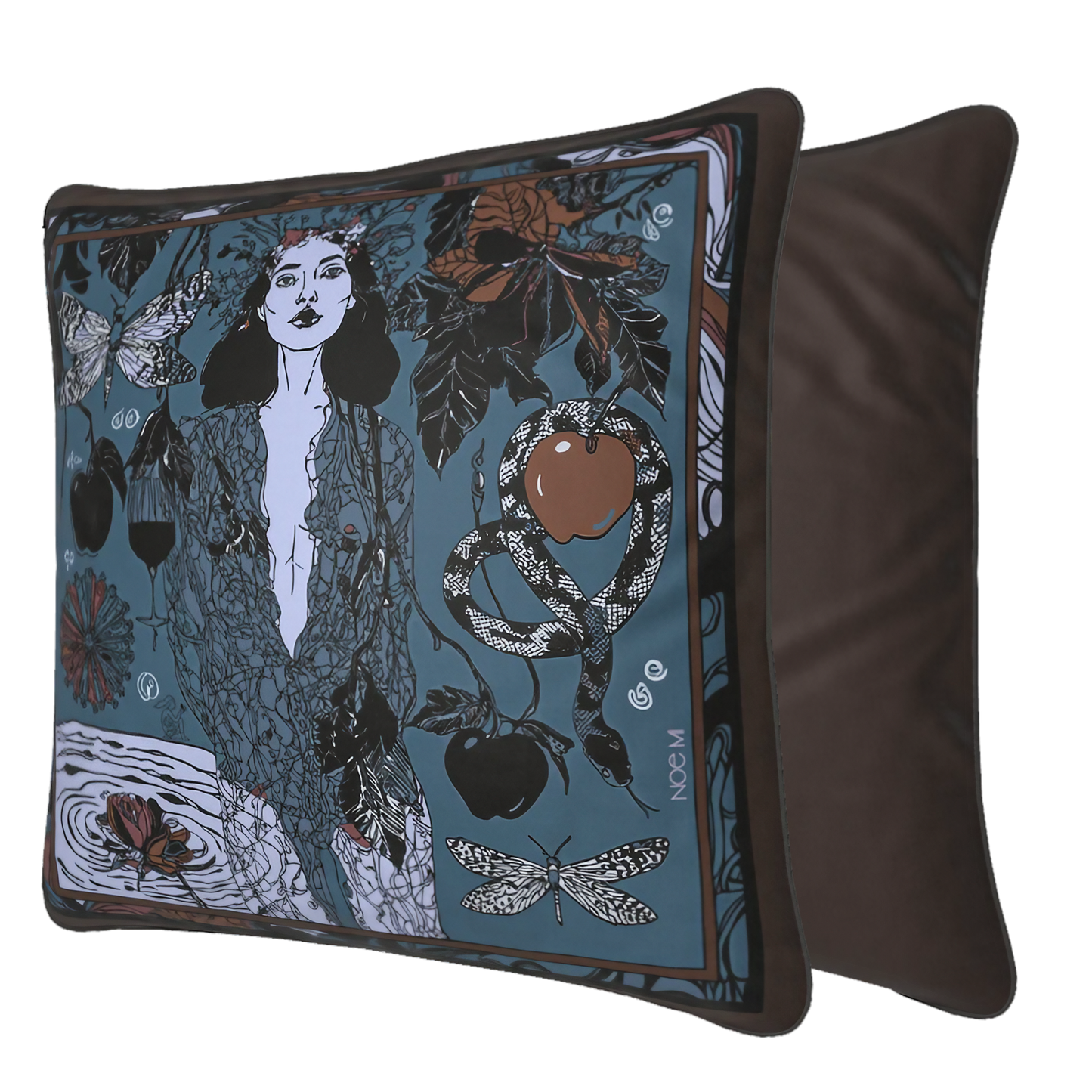 NOE MI velvet cushion Dark Temptation Night in a rich dark palette with snake, apple, and dragonfly motifs, ideal as a statement pillow for stylish living rooms and curated home spaces.
