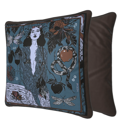 NOE MI velvet cushion Dark Temptation Night in a rich dark palette with snake, apple, and dragonfly motifs, ideal as a statement pillow for stylish living rooms and curated home spaces.