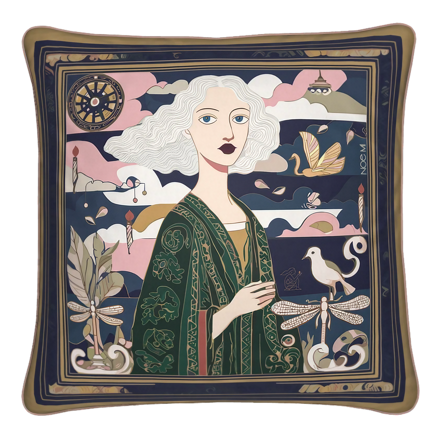 NOE MI Golden Threads Emerald square cushion is a luxury decorative pillow in deep green, navy, blush, and gold tones designed for elegant and refined interiors.
