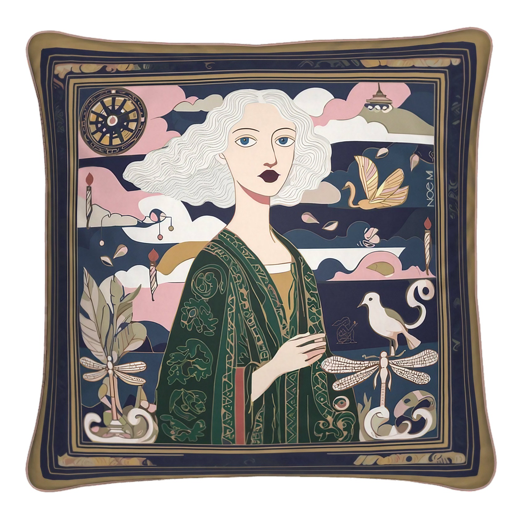NOE MI Golden Threads Emerald square cushion is a luxury decorative pillow in deep green, navy, blush, and gold tones designed for elegant and refined interiors.