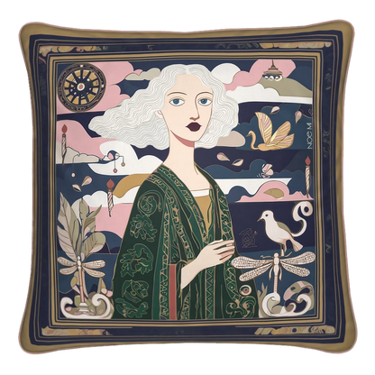 NOE MI Golden Threads Emerald square cushion is a luxury decorative pillow in deep green, navy, blush, and gold tones designed for elegant and refined interiors.