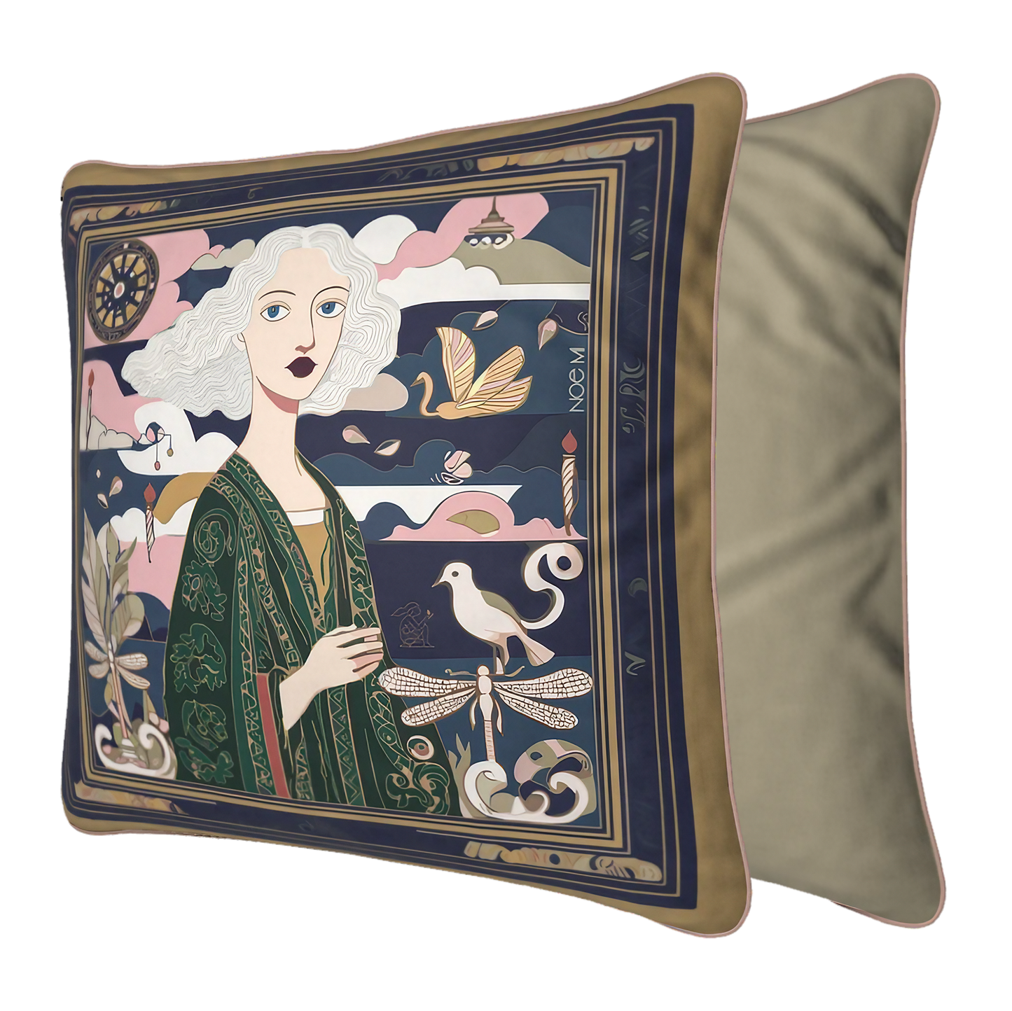 NOE MI Golden Threads Emerald cushion is a designer square cushion featuring a feminine figure with symbolic elements in a rich emerald and soft neutral color palette.