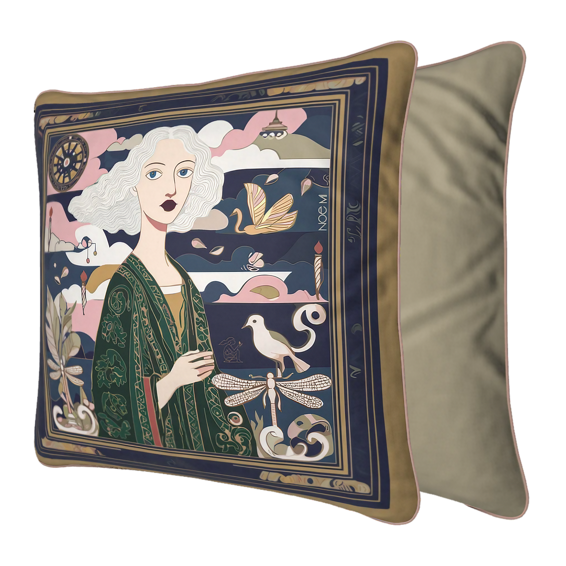 NOE MI Golden Threads Emerald cushion is a designer square cushion featuring a feminine figure with symbolic elements in a rich emerald and soft neutral color palette.