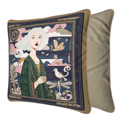 NOE MI Golden Threads Emerald cushion is a designer square cushion featuring a feminine figure with symbolic elements in a rich emerald and soft neutral color palette.