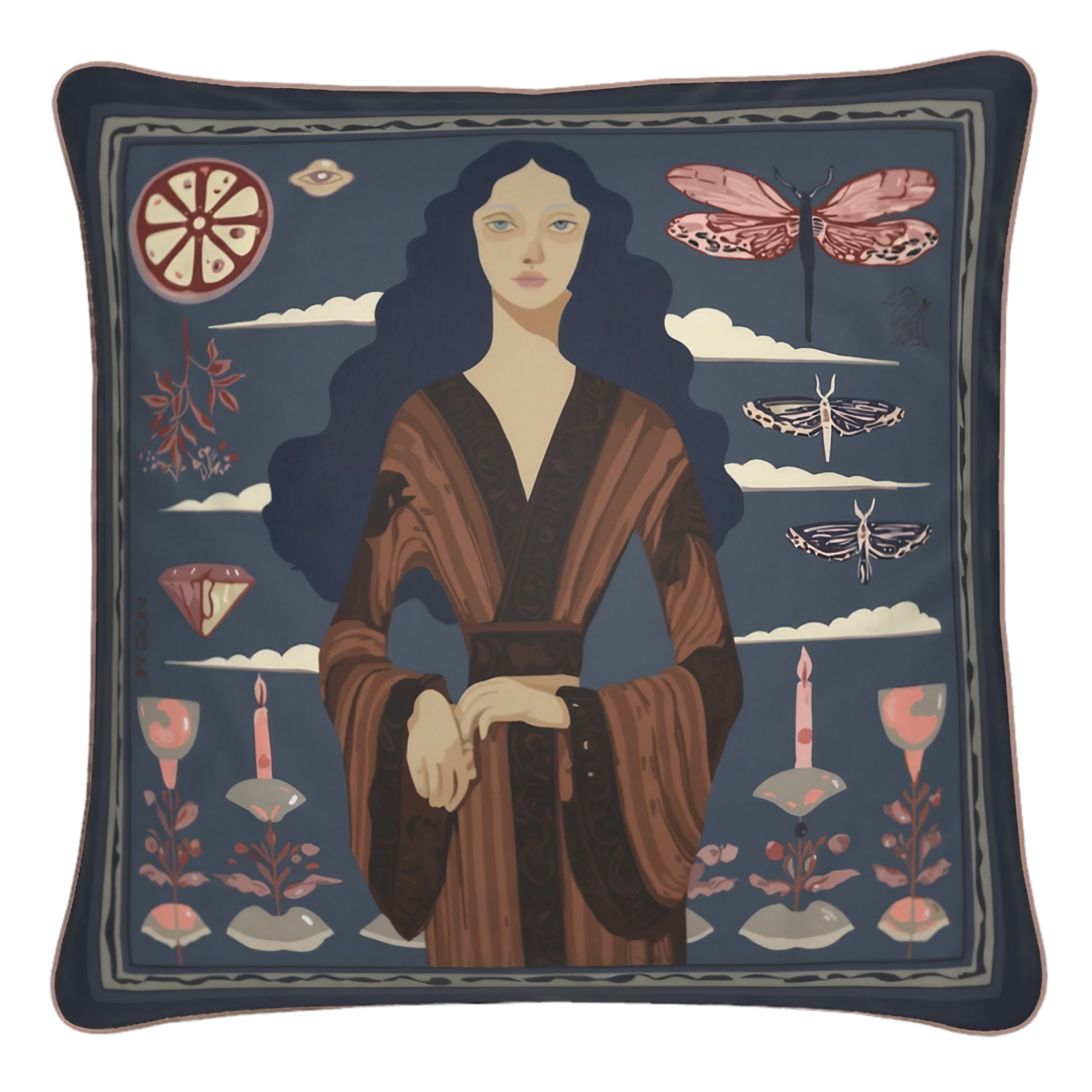 NOE MI luxury indigo cushion Ginger Lace Indigo square pillow with feminine illustration and artistic elements