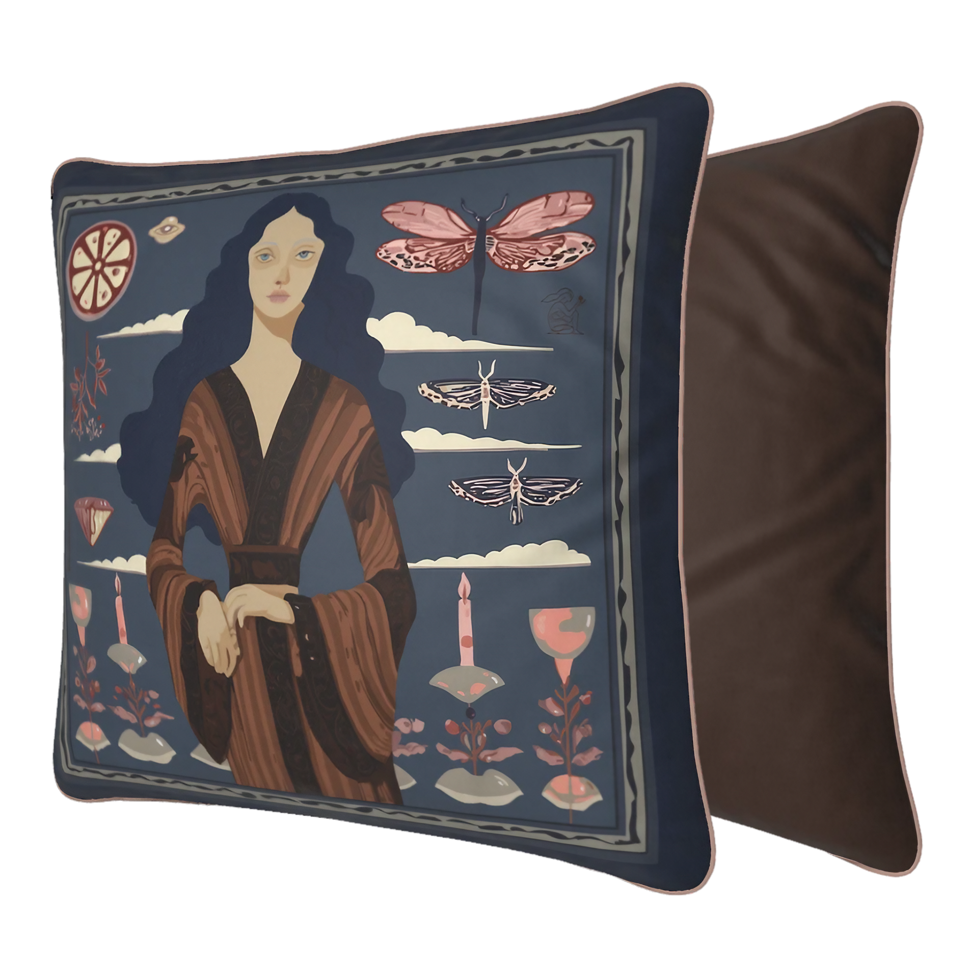 NOE MI designer cushion cover in deep blue tones with elegant figure and botanical motifs for modern interiors