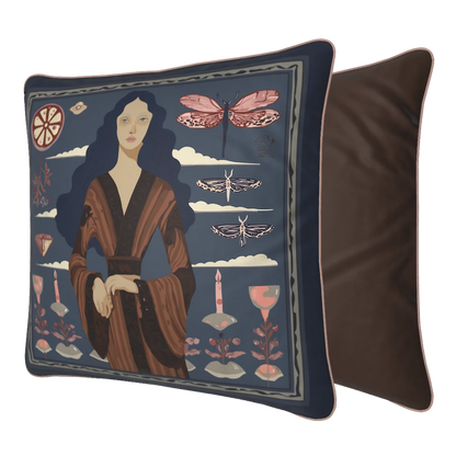 NOE MI designer cushion cover in deep blue tones with elegant figure and botanical motifs for modern interiors