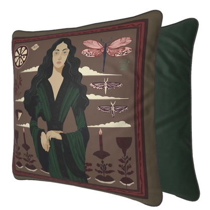NOE MI designer cushion cover in deep earthy palette with symbolic artwork for modern interiors