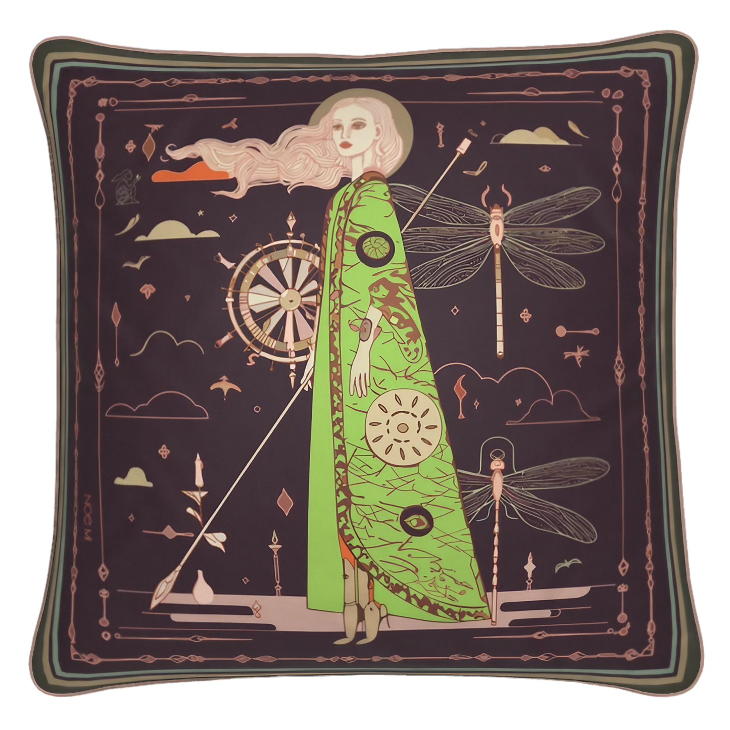 NOE MI The Navigator Amethyst square cushion is a luxury decorative pillow in deep purple, vibrant green, warm copper, and muted neutral tones, designed for bold interiors, modern living rooms, and artistic home styling.