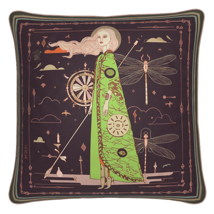 NOE MI The Navigator Amethyst square cushion is a luxury decorative pillow in deep purple, vibrant green, warm copper, and muted neutral tones, designed for bold interiors, modern living rooms, and artistic home styling.
