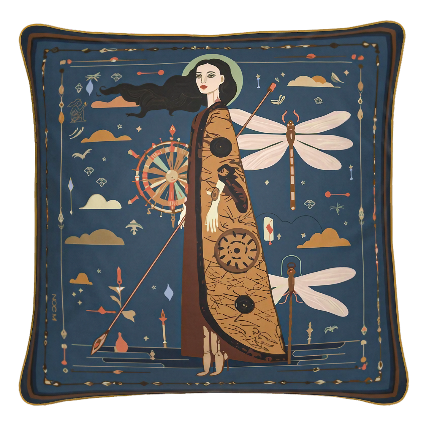 NOE MI luxury velvet cushion in royal blue and gold tones featuring artistic figurative design, decorative pillow for elegant interiors in Paris, Milan, New York, and Tel Aviv.