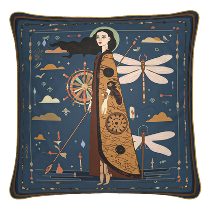 NOE MI luxury velvet cushion in royal blue and gold tones featuring artistic figurative design, decorative pillow for elegant interiors in Paris, Milan, New York, and Tel Aviv.