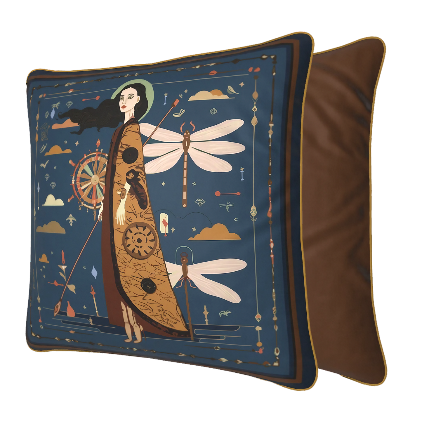 Designer cushion by NOE MI with deep blue background and golden details, premium velvet pillow for luxury home decor styling worldwide.