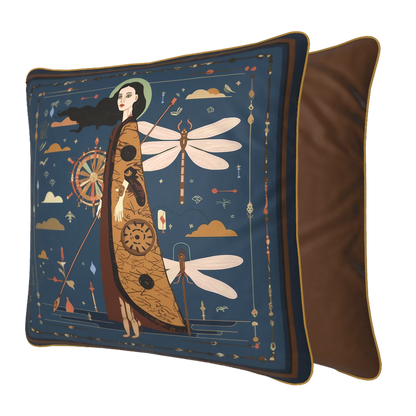 Designer cushion by NOE MI with deep blue background and golden details, premium velvet pillow for luxury home decor styling worldwide.