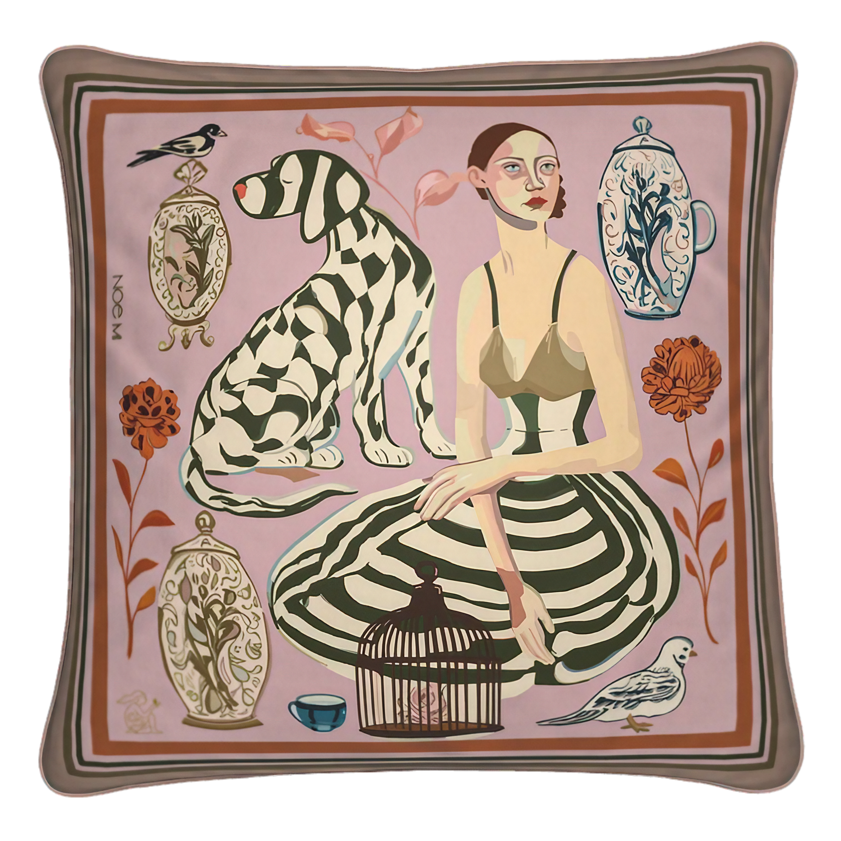 NOE MI luxury square cushion in blush pink and umber tones featuring artistic figurative design, decorative pillow for interiors in Paris, Milan, New York, and Tel Aviv.