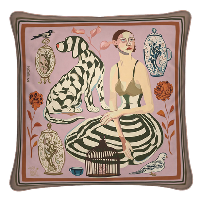 NOE MI luxury square cushion in blush pink and umber tones featuring artistic figurative design, decorative pillow for interiors in Paris, Milan, New York, and Tel Aviv.