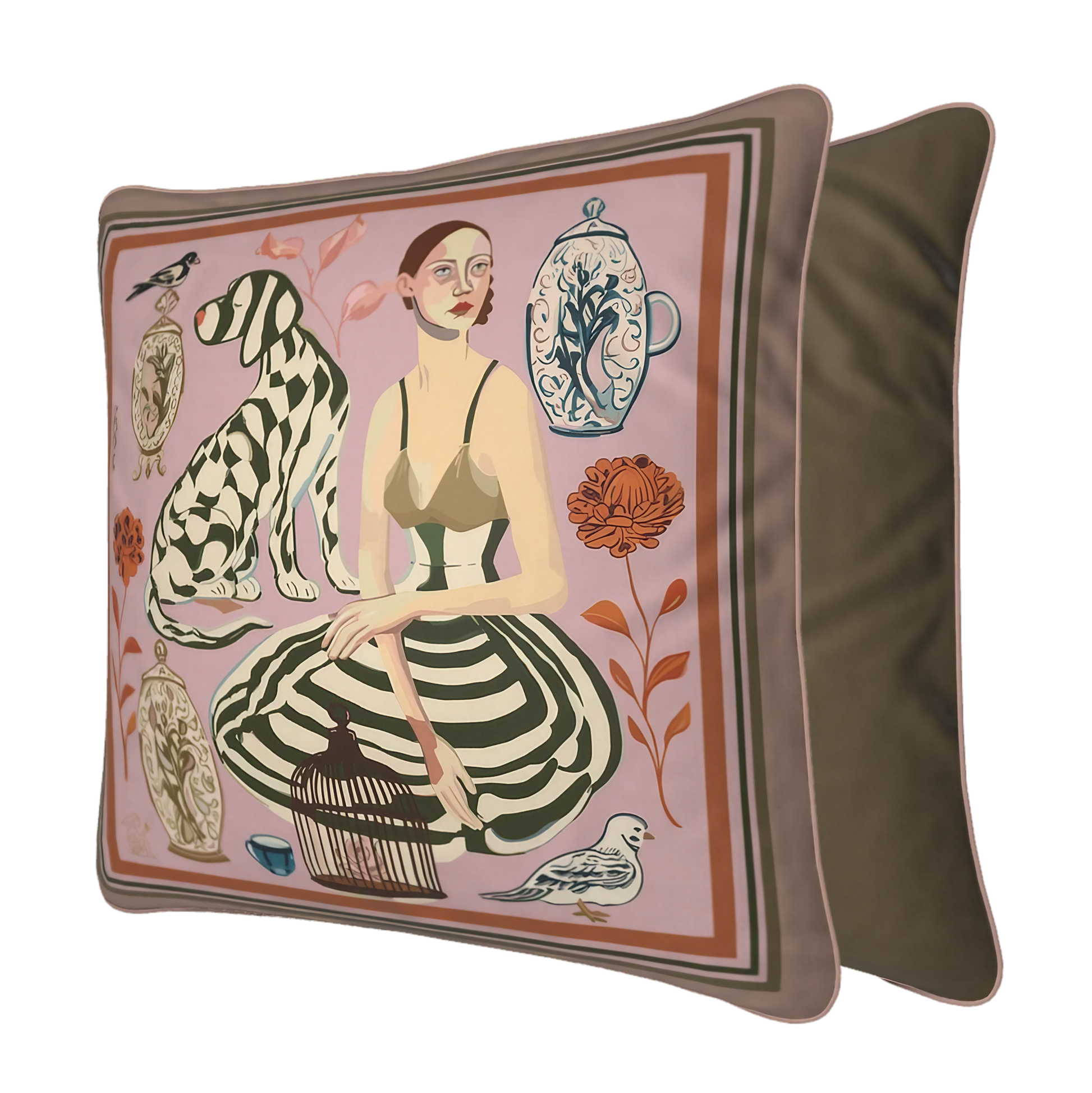 Designer cushion by NOE MI with soft pink background and earthy brown tones, premium velvet pillow for luxury home decor styling worldwide.