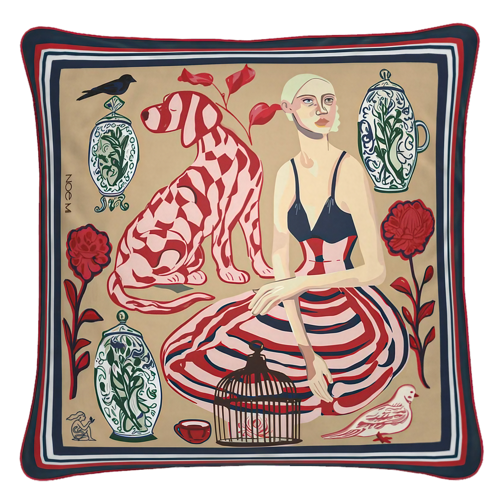 NOE MI luxury velvet cushion in beige, navy, and red tones featuring artistic figurative design, decorative pillow for interiors in Paris, Milan, New York, and Tel Aviv.