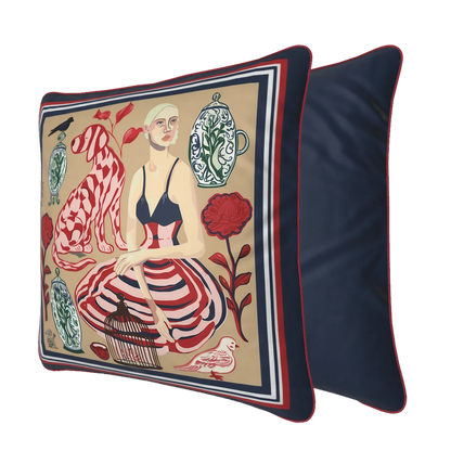 Statement velvet cushion with beige, red, and navy tones, premium accessory for stylish interiors in international design capitals.