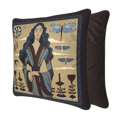NOE MI Ginger Lace Square Cushion in Bordeaux transforms original art into living decor through a calm feminine composition, moth motifs, candles, clouds, and refined ornamental detail.