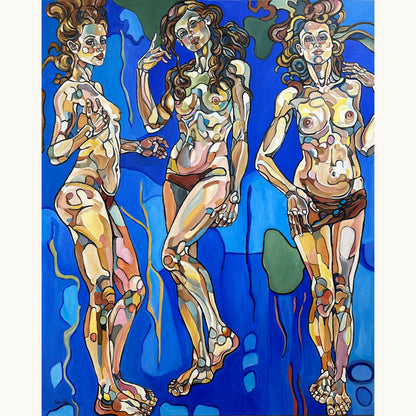 Original painting Sea of dreams by Noemi Safir, acrylic on canvas with three female figures floating in a luminous blue dreamscape