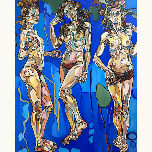 Original painting Sea of dreams by Noemi Safir, acrylic on canvas with three female figures floating in a luminous blue dreamscape