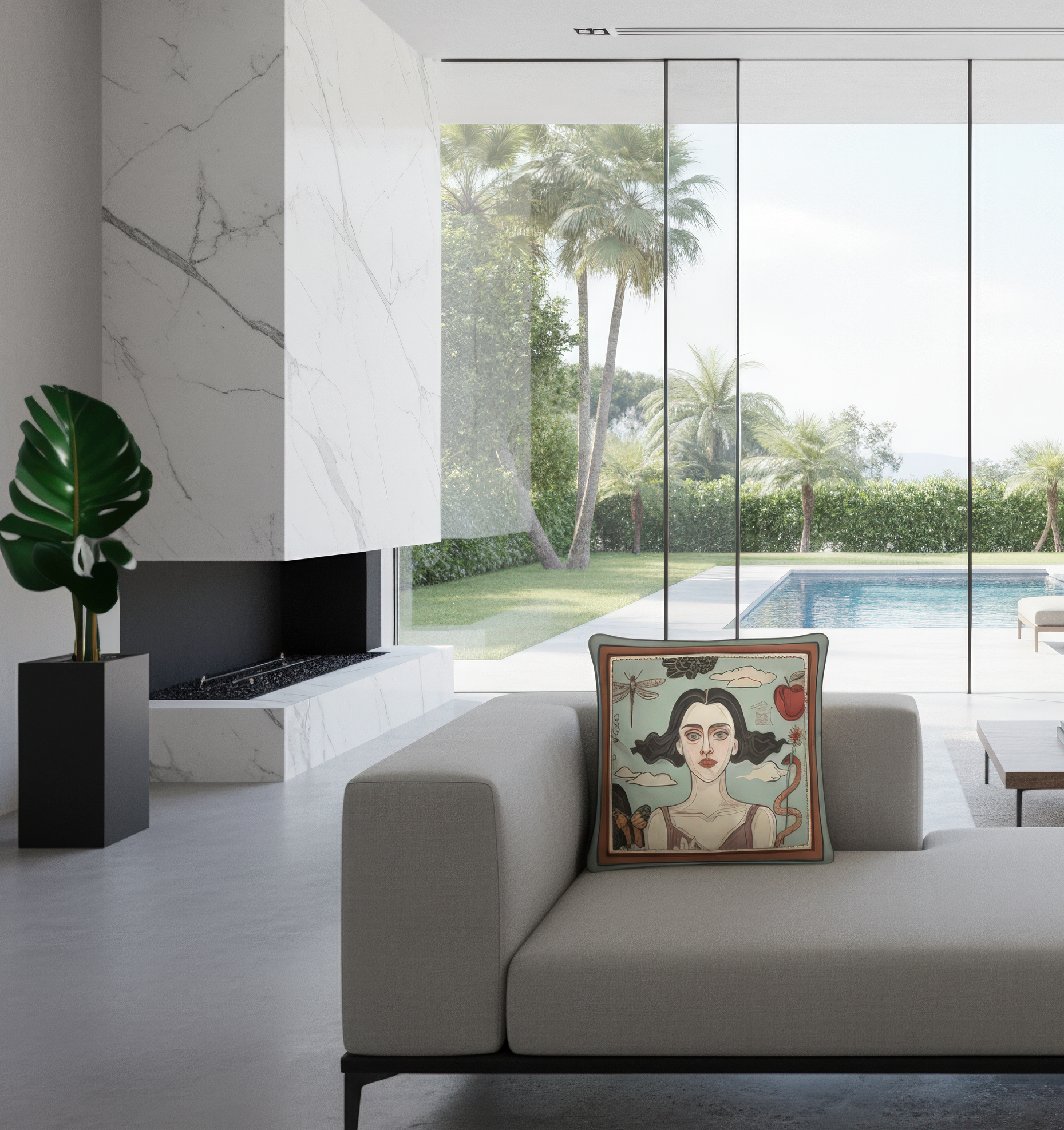 Dramatic face art on a luxurious square velvet cushion, designed for bold and emotional interior styling, by NOE MI