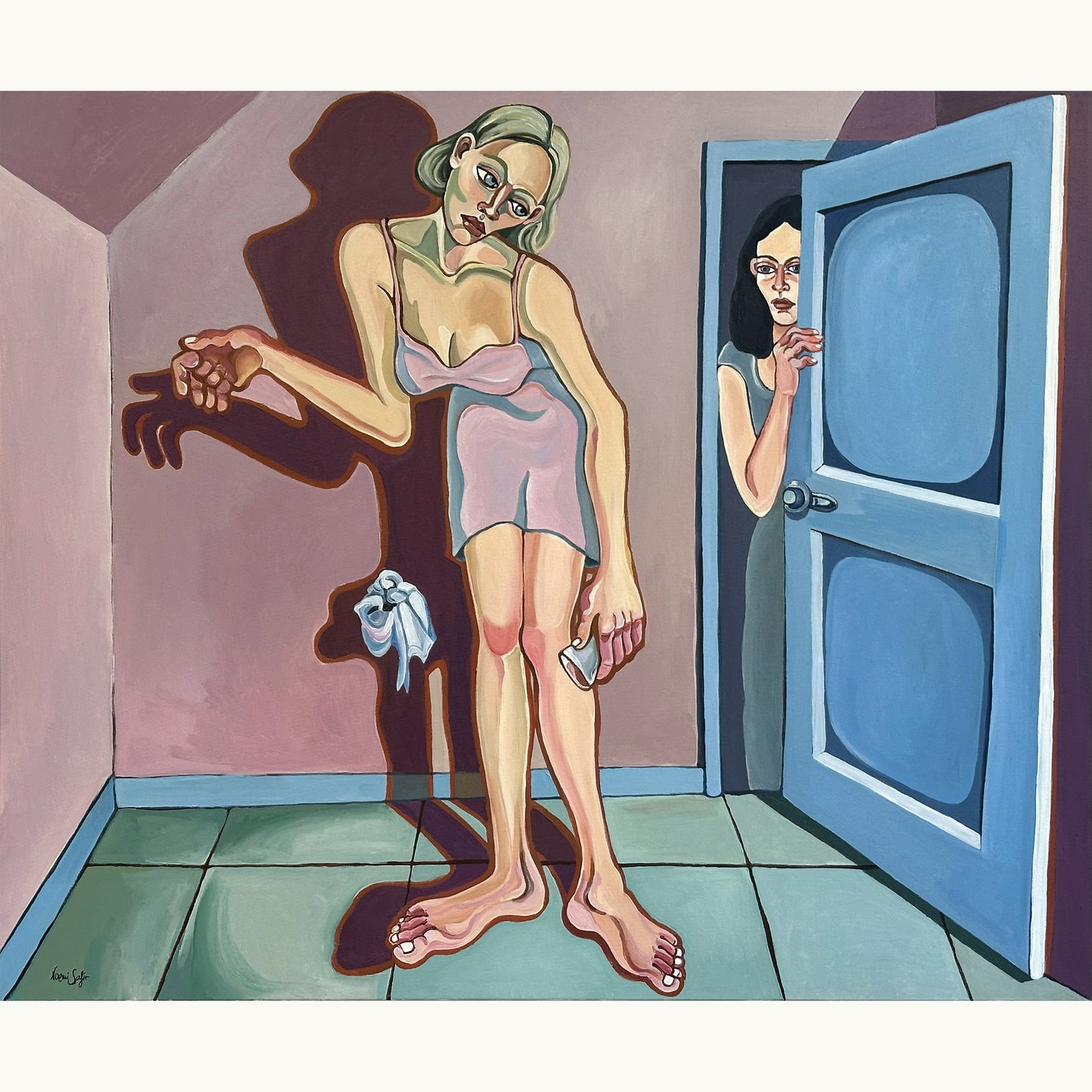 Noemi Safir She Never Stepped In original acrylic painting on canvas, a highly collectible contemporary figurative artwork about women, emotional distance, intimacy and beauty with meaning.