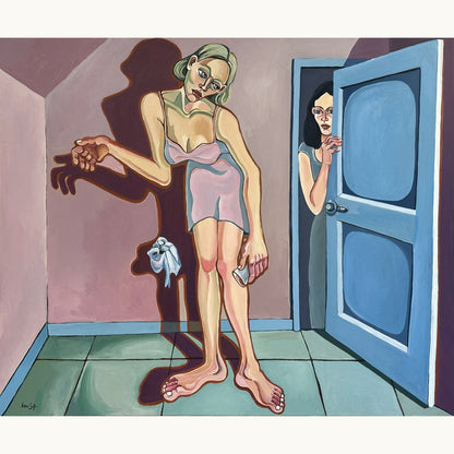 Noemi Safir She Never Stepped In original acrylic painting on canvas, a highly collectible contemporary figurative artwork about women, emotional distance, intimacy and beauty with meaning.
