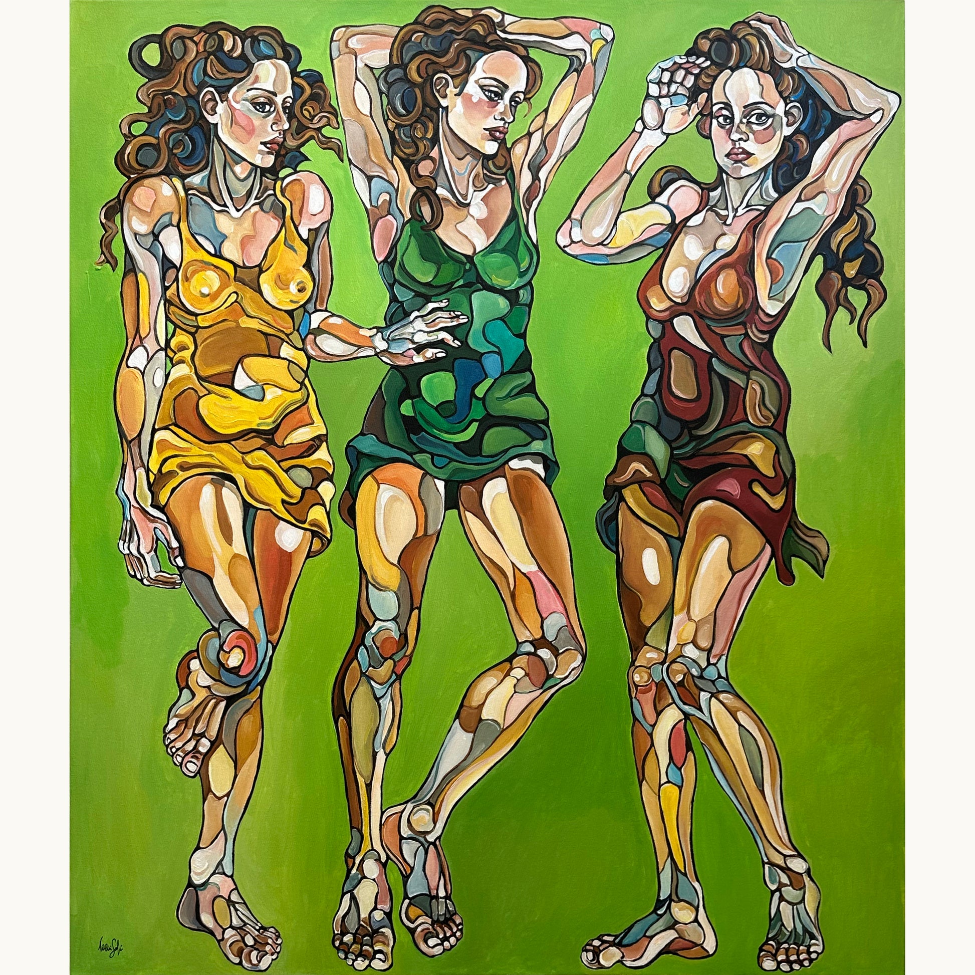 Noemi Safir Silent Promise original acrylic painting on canvas, a highly collectible contemporary figurative artwork about women, female solidarity, quiet strength, symbolic storytelling, and beauty with meaning.