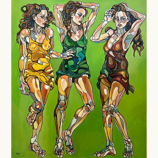 Noemi Safir Silent Promise original acrylic painting on canvas, a highly collectible contemporary figurative artwork about women, female solidarity, quiet strength, symbolic storytelling, and beauty with meaning.