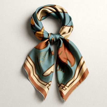 square NOE MI luxury art silk twill scarf in blue and brown