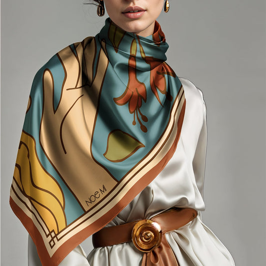 Woman wearing a colorful square NOE MI luxury art silk twill scarf in blue and brown with abstract designs 