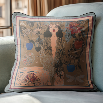 'Smoked Net' designer pillow by NOE MI, crafted in soft velvet with contrasting piping and logo detail, perfect for luxury living room styling.
