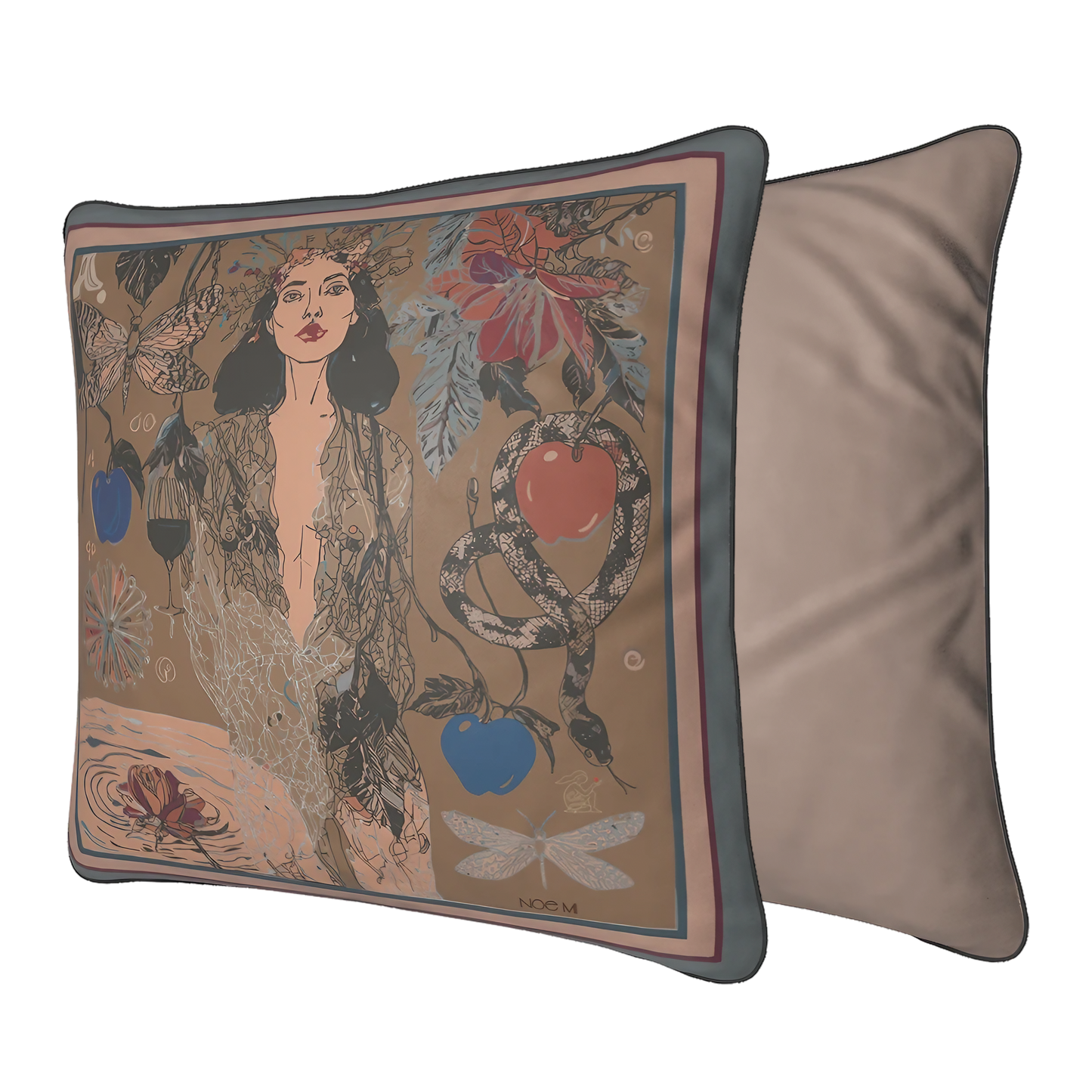 Art couture cushion by NOE MI, velvet pillow printed, blending symbolic storytelling and refined home décor design.