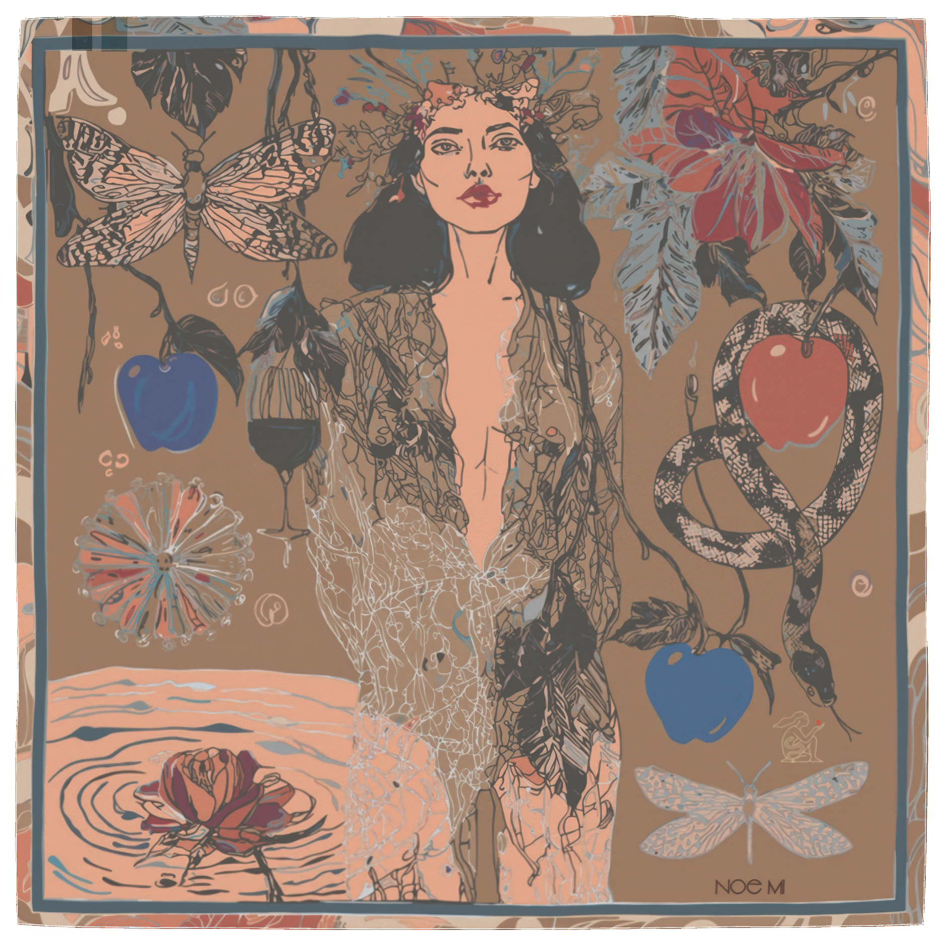Statement men’s fashion accessory with rich symbolic elements like snake, apple, and net,  printed on fine silk twill or silk Chiffonfor a dramatic, elegant look