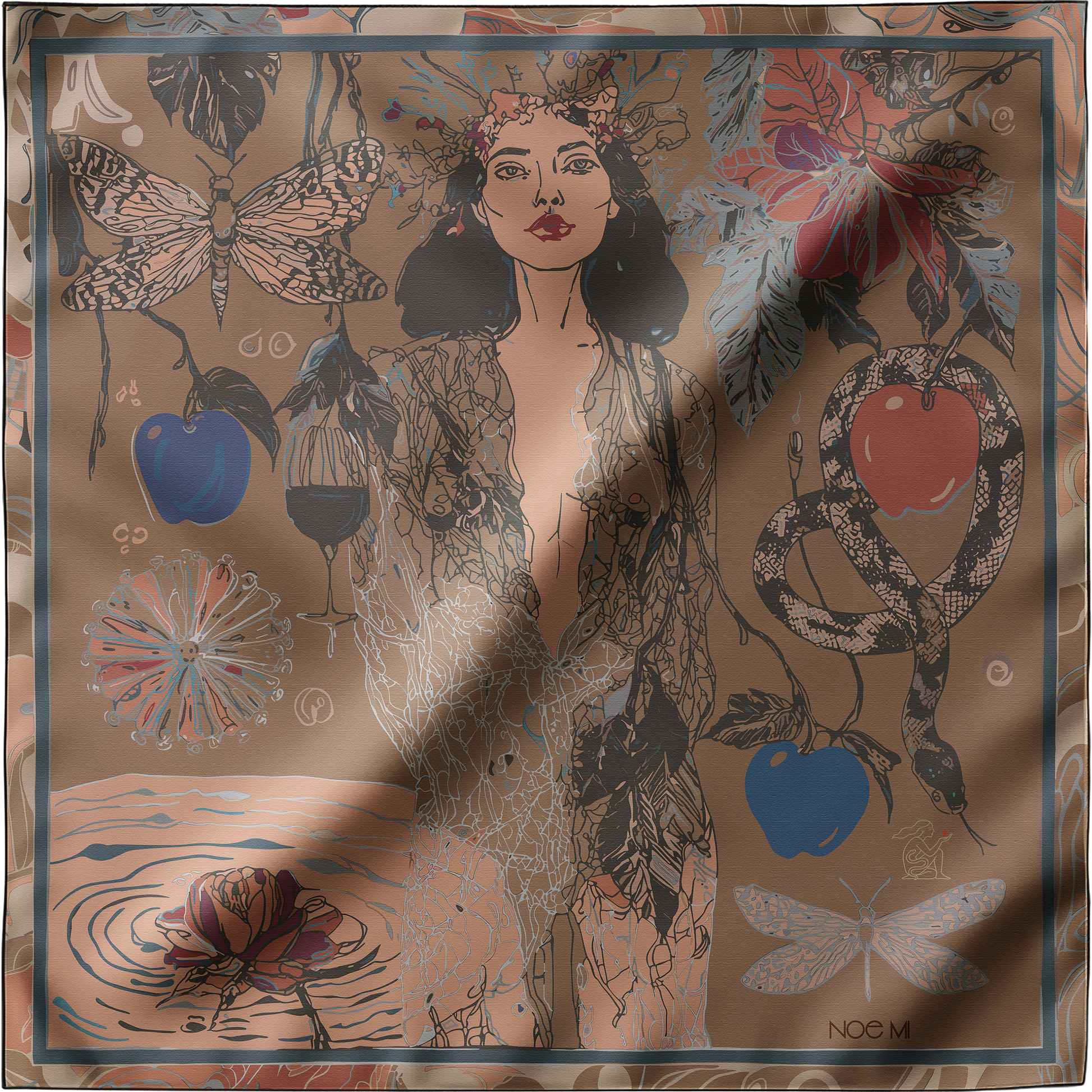 Artistic men’s scarf in black and brown with a surreal motif of temptation and power, crafted from 100% silk twill or soft chiffon