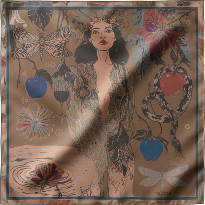 Artistic men’s scarf in black and brown with a surreal motif of temptation and power, crafted from 100% silk twill or soft chiffon