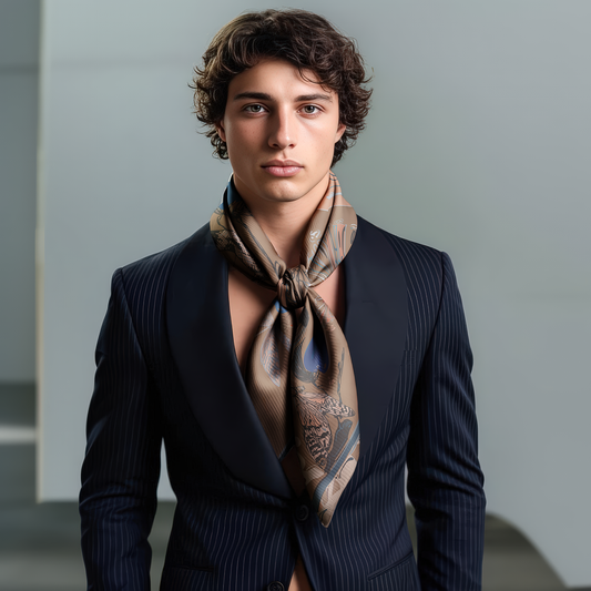 A luxurious men’s silk twill scarf featuring a dark and symbolic design of a snake, apple, and net, perfect for bold, fashion-forward styling