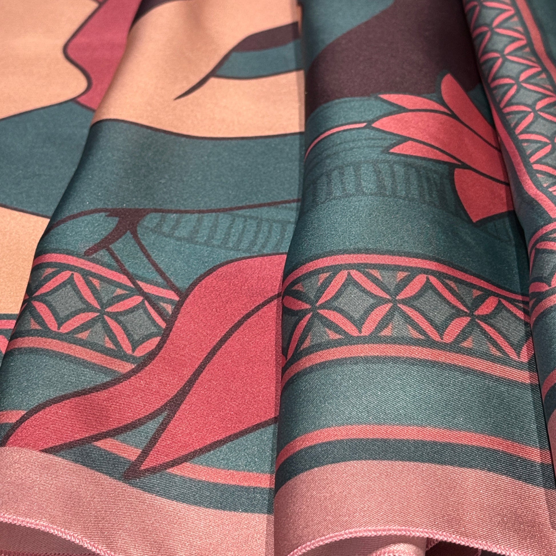 NOE MI Soft Chains silk twill scarf, square collectible scarf with figurative artwork, featuring women, apple, butterfly, and bird, crafted in dusty rose and teal tones.