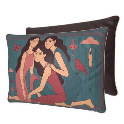 Decorative rectangular art velvet pillow/cushion with artistic depiction of three women, a bird, and candle on a teal background.