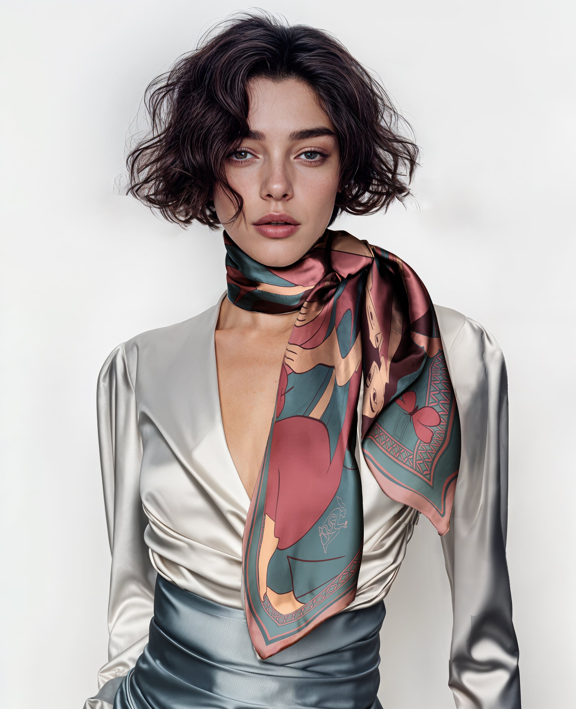 Woman wearing a patterned scarf on a plain background