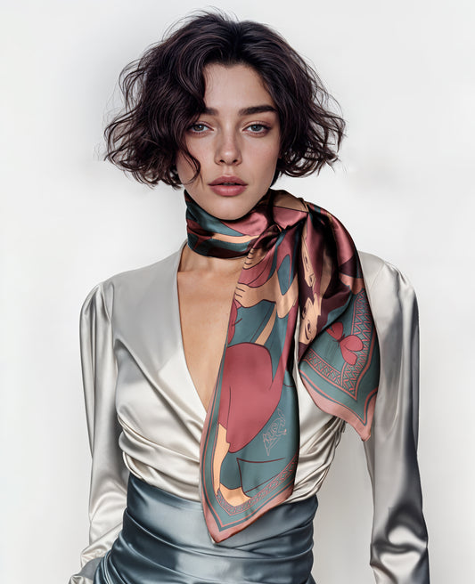 Woman wearing a patterned scarf on a plain background