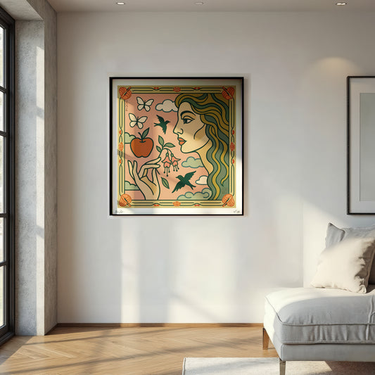 Framed  Limited Edition NOE MI wall art print of a woman with butterflies and an apple in a modern living room.