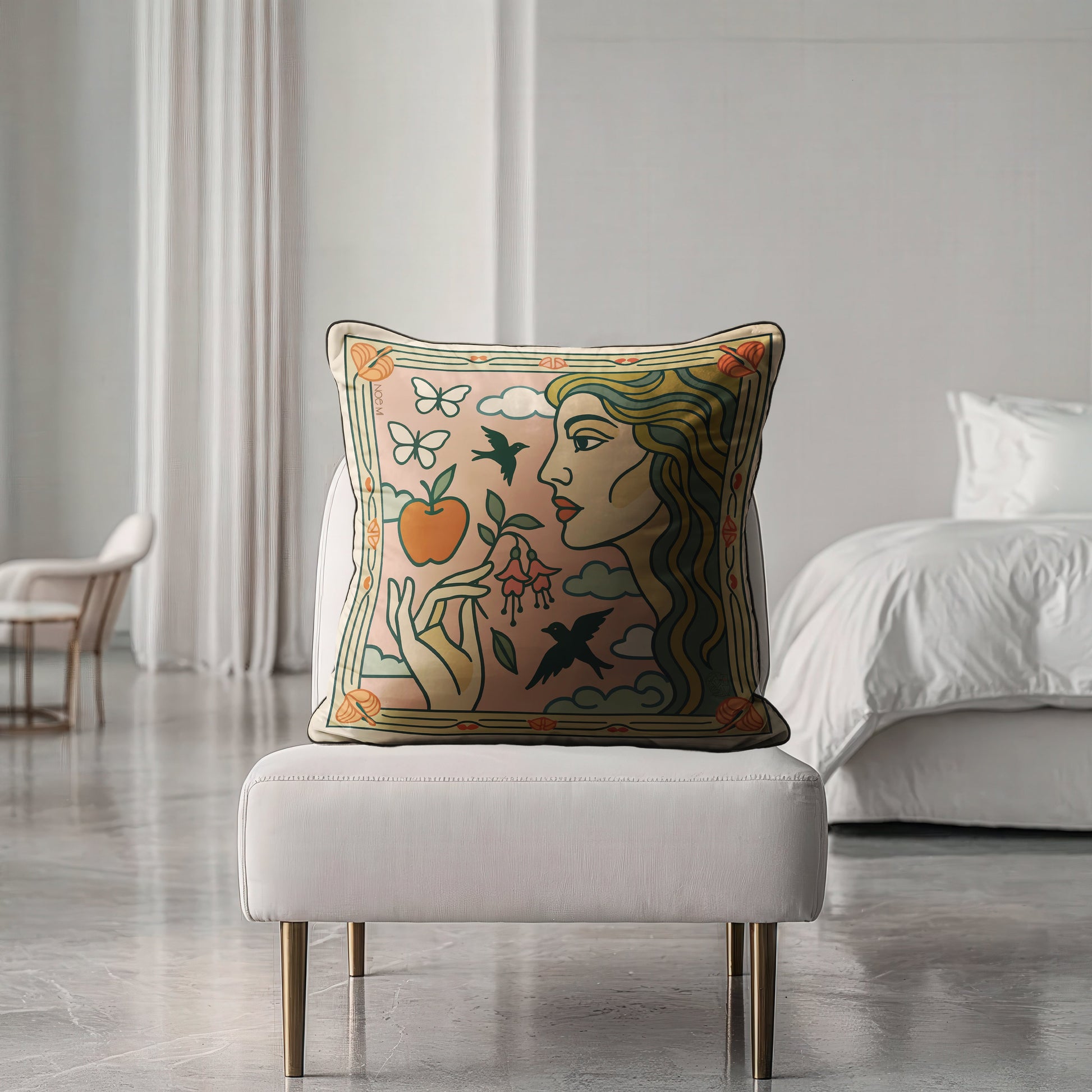 NOE MI decorative velvet cushion, square luxury pillow with detailed artwork, perfect for home décor and global collectors.