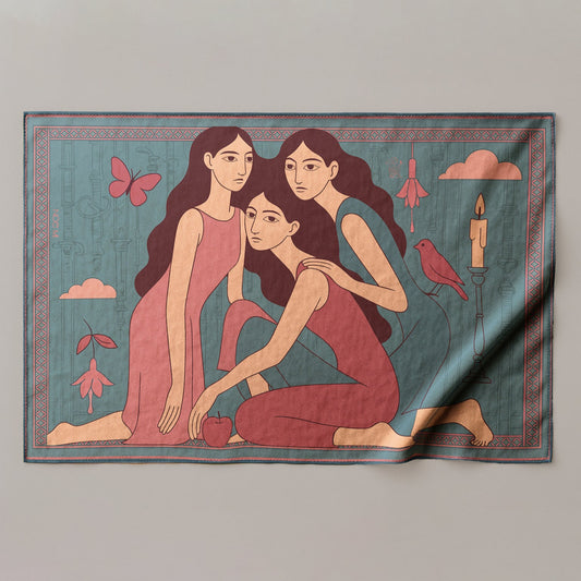 Decorative colorful silk or chiffon pareo/sarong with an illustration of three women and various symbols on a gray background