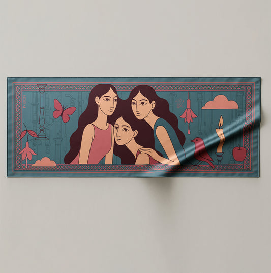 Decorative colorful silk or chiffon pareo/sarong with illustrations of three women and decorative elements on a beige background