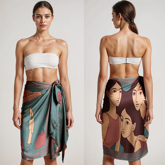 Woman wearing a strapless top and a colorful silk or chiffon pareo/sarong with artistic design on a plain background