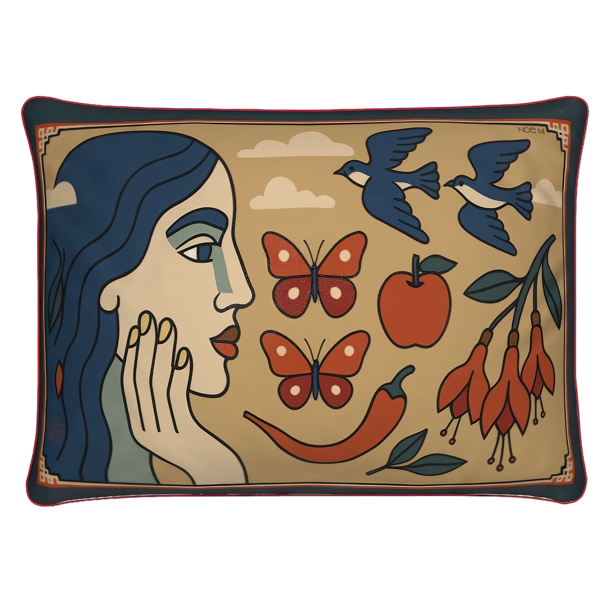 A rectangular luxury velvet pillow/cushion in beige and blue