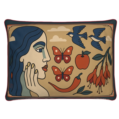 A rectangular luxury velvet pillow/cushion in beige and blue